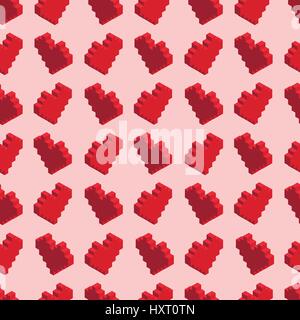 Pixelated red hearts on pink background, seamless pattern Stock Vector