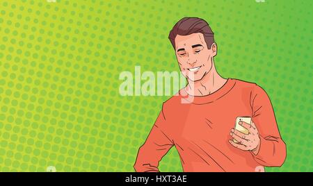 Young Man Using Cell Smart Phone Chatting Online Over Pop Art Colorful Retro Style Background Stock Vector