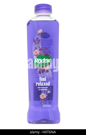 Bottle of Radox lavender and waterlilly bath soak on white background Stock Photo