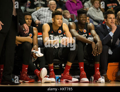 Florida, USA. 29th Mar, 2017. LOREN ELLIOTT | Times .Tampa Catholic star Kevin Knox watches the action during the McDonald's All-American game at the United Center in Chicago, Ill., on Wednesday, March 29, 2017. Knox, a five-star recruit, is expected to commit in April to either Duke, Kentucky, North Carolina or Florida State. Credit: Loren Elliott/Tampa Bay Times/ZUMA Wire/Alamy Live News