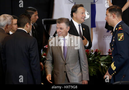 San Jose, Costa Rica. 29th Mar, 2017. Colombia's President Juan Manuel Santos (C) attends the 16th Tuxtla Summit of Central American and Latin American leaders, in San Jose, Costa Rica, March 29, 2017. Credit: Kent Gilbert/Xinhua/Alamy Live News Stock Photo