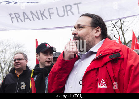 Berlin, Berlin, Germany. 30th Mar, 2017. On the day of the Supervisory Board meeting of Bombardier, 1000 employees from the German sites demonstrate after a call of the trade union IG Metall in front of the company headquarters in Berlin. At Bombardier, a Canadian aircraft and railway group, a total of 5000 jobs will be dropped by the end of 2018. [German: Am Tag der Aufsichtsratsitzung von Bombardier streiken 1000 BeschÃ¤ftigte aus den deutschen Standorten nach Aufruf der Gewerkschaft IG Metall vor der Firmenzentrale in Berlin. Credit: ZUMA Press, Inc./Alamy Live News Stock Photo