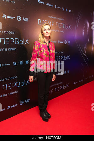 Moscow, Russia. 29th Mar, 2017. Actress Maria Romanova at the premiere of Dmitry Kiselyov's film 'The First Time' film about the first ever spacewalk performed by Soviet cosmonaut Alexei Leonov at the KARO 11 Oktyabr Cinema. Credit: Victor Vytolskiy/Alamy Live News Stock Photo