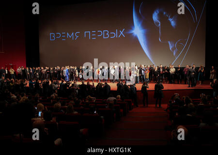 Moscow, Russia. 29th Mar, 2017. FIlm crew and guests at the premiere of Dmitry Kiselyov's film 'The First Time' film about the first ever spacewalk performed by Soviet cosmonaut Alexei Leonov at the KARO 11 Oktyabr Cinema. Credit: Victor Vytolskiy/Alamy Live News Stock Photo