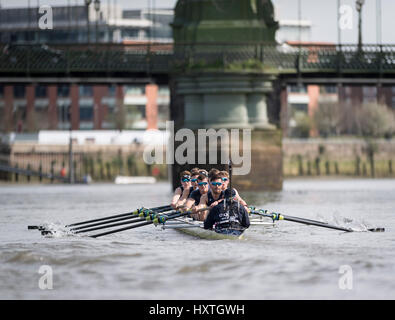 London, UK. 30th March, 2017. Oxford University Boat Club on a Practice Outing prior to the Cancer Research, UK. 30th Mar, 2017. Boat Races to be held on 2 April 2017. Crew list:- OUBC Blue Boat: 8 Vassilis Ragoussis (stroke), 7 James Cook, 6 Mike DiSanto, 5 Olivier Siegelaar, 4 Josh Bugajski, 3 Oliver Cook, 2 Matthew O'Leary, 1 William Warr (Bow), Sam Collier (Cox), Credit: Duncan Grove/Alamy Live News