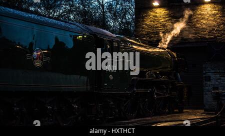 Howarth, UK.  30th March 2017. Flying Scotsman rests overnight ahead of re-opening of the Settle to Carlisle Line.  The line was closed 9th February 2016 as a result of a landslip.  Repairs have cost £23M Credit: Graham Eva/Alamy Live News Stock Photo