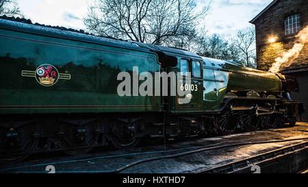 Howarth, UK.  30th March 2017. Flying Scotsman rests overnight ahead of re-opening of the Settle to Carlisle Line.  The line was closed 9th February 2016 as a result of a landslip.  Repairs have cost £23M Credit: Graham Eva/Alamy Live News Stock Photo