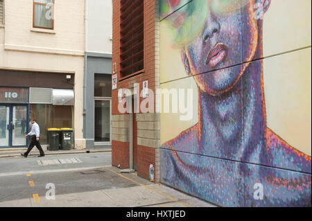 Adelaide Australia. 31st March 2017. A new mural  entitled 'order 55'  by Australian  street artist James Cochran unveiled for the Adelaide Fringe festival and as part of the street art explosion in the city of Adelaide. Jimmy Cohran also known as Jimmy C who famously created the David Bowie memorial painting in Brixton London Credit: amer ghazzal/Alamy Live News