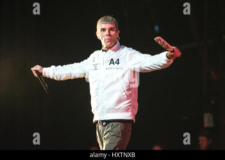 Ian Brown of the Stone Roses headlines the main stage on Day 1 of the T in the Park festival at Strathallan Castle on July 08, 2016 in Perth, Scotland. Stock Photo