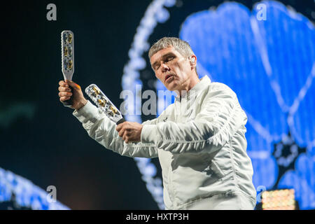 Ian Brown of the Stone Roses headlines the main stage on Day 1 of the T in the Park festival at Strathallan Castle on July 08, 2016 in Perth, Scotland. Stock Photo