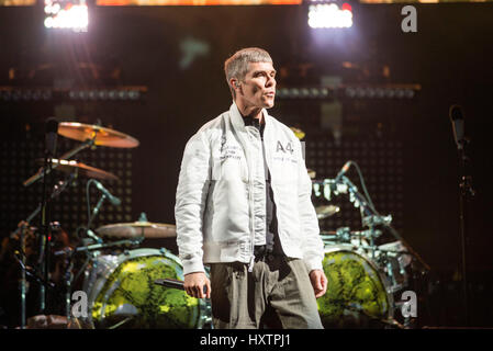 Ian Brown of the Stone Roses headlines the main stage on Day 1 of the T in the Park festival at Strathallan Castle on July 08, 2016 in Perth, Scotland. Stock Photo