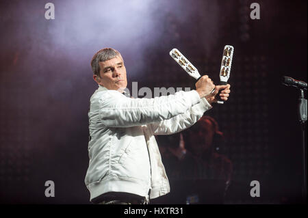 Ian Brown of the Stone Roses headlines the main stage on Day 1 of the T in the Park festival at Strathallan Castle on July 08, 2016 in Perth, Scotland. Stock Photo