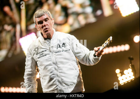 Ian Brown of the Stone Roses headlines the main stage on Day 1 of the T in the Park festival at Strathallan Castle on July 08, 2016 in Perth, Scotland. Stock Photo