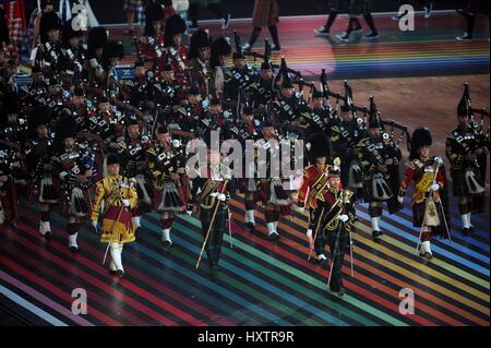 BAGPIPES COMMONWEALTH GAMES OPENING CEREMONY COMMONWEALTH GAMES OPENING CER CELTIC PARK GLASGOW SCOTLAND 23 July 2014 Stock Photo