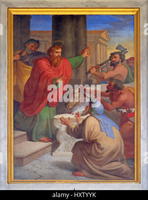 The fresco with the image of the life of St. Paul: Paul and Barnabas Taken for Gods, basilica of Saint Paul Outside the Walls in Rome Stock Photo