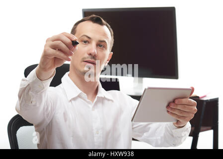 Business man hand draw graphic mockup in office. Man with tablet drowing chart Stock Photo