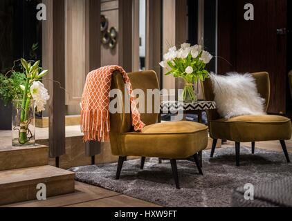 nice modern armchaire with modern ambiance light and flowers Stock Photo