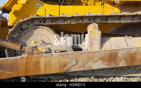 Yellow bulldozer. Zaragoza Province, Aragon, Spain. Stock Photo
