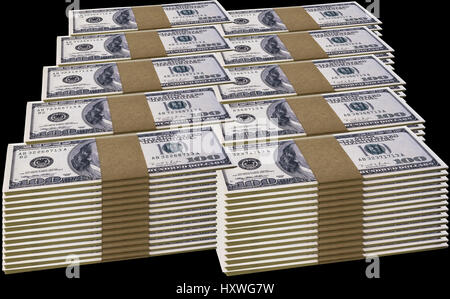 Image filled with piles of bundles of American hundred dollar bills, wrapped with a band of paper. Isolated against a black background. Stock Photo