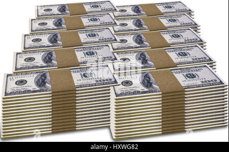 Image filled with piles of bundles of American hundred dollar bills, wrapped with a band of paper. Isolated against a white background. Stock Photo