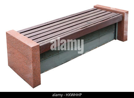 City street bench with granite sidewalls. Under a seat the box of underground ventilation is located. Isolated on white Stock Photo