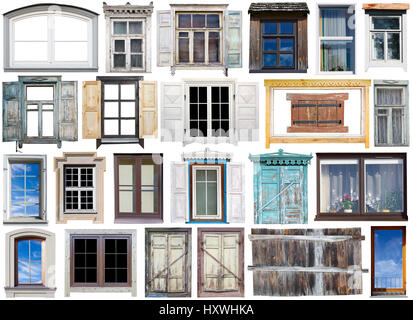 Old and modern windows iwith wooden and plastic frames and open or closed sun blinds set. Isolated on white. All full size images you can find in my p Stock Photo