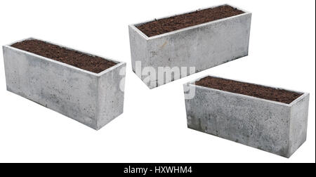 Big rectangular concrete flowerpots are filled with soil compost and are ready to landing of spring flowers. Isolated set Stock Photo