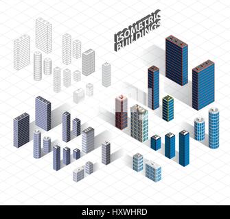 Vector isometric buildings set. Skyscrapers icons. Big city collection. Colorful, two colors and outline black and white wireframe color variants. Stock Vector