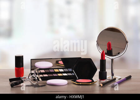 makeup cosmetics on table in beauty salon Stock Photo