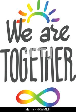 World Autism Awareness Day, April 2, 2017. We are together. Lettering with infinity symbol, which rainbow color means diversity of autism spectrum. Ve Stock Vector
