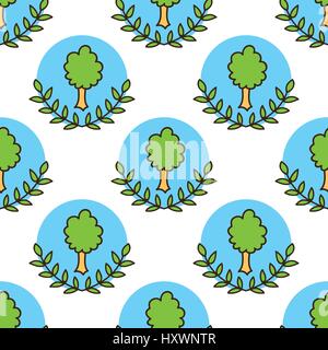 International Mother Earth Day, April 22. Green tree with two olive branches and blue circle, peace symbol. Ecology seamless pattern, vector tileable  Stock Vector
