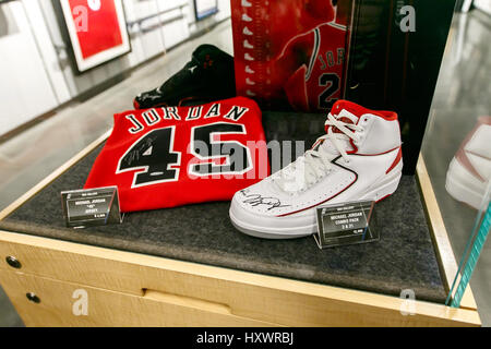 Michael Jordan signed commemorative items for sale are displayed in the NBA store in Manhattan. Stock Photo