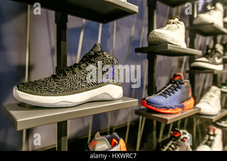 Assorted Air Jordan basketball shoes for sale in the NBA store in Manhattan. Stock Photo