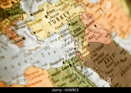 map  of Israel,Turkey,Jordan and Lebanon. Selective focus Stock Photo