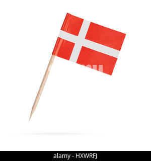 Miniature paper flag Denmark. Isolated on white background.With shadow below