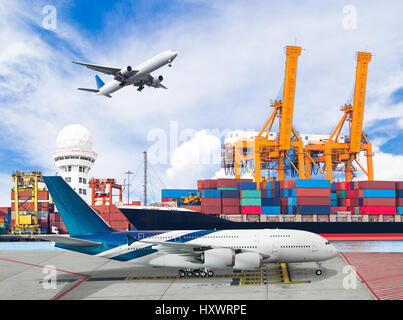 Ship loading container with freight cargo plane in port for logistic import export concept Stock Photo