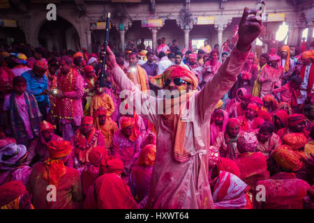 BARSANA - MAR 05, 2017: Holi celebrations in the ancient city of Barsana, Mathura in India. Stock Photo