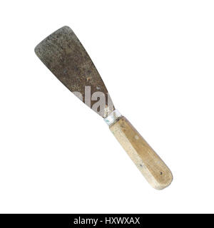 Old rust paint trowel with wood handle isolated on white background Stock Photo