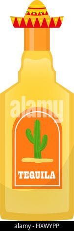 Tequila bottle icon flat, cartoon style isolated on white background. Vector illustration, clip art. Traditional Mexican drink Stock Vector