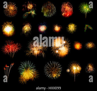 Collection of multi colored fireworks on black background Stock Photo