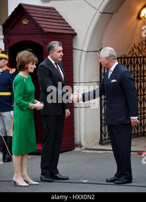 Crown Princess Margareta and Prince Radu greet the Prince of Wales at Elisabeta Palace in Bucharest, Romania, on the second day of his nine day European tour. Stock Photo