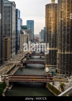 Chicago River, downtown Chicago.  Taken from a rooftop bar on Wacker Drive. Stock Photo