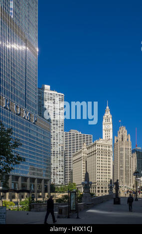 The view to Michigan Avenue from West Wacker Drive, Chicago. Stock Photo