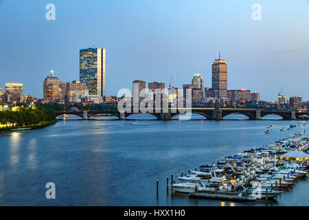 Boats in marina on Charles River, Longfellow Bridge and skyline, Boston, Massachusetts USA Stock Photo