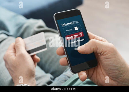 Male hands using smart phone for online shopping Stock Photo