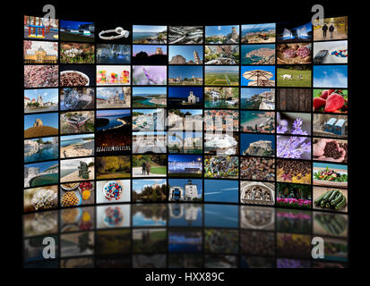 Video wall concept made of a lot of different photos representing LCD or LED TV Stock Photo