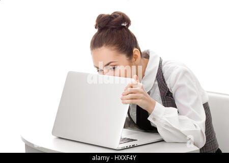 she doing hiding woman laptop alamy sleeping talking while phone man