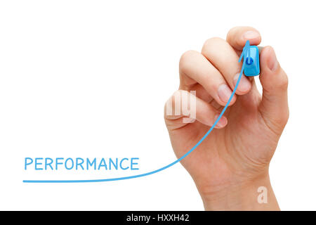 Hand drawing increased performance graph with blue marker on transparent wipe board. Stock Photo