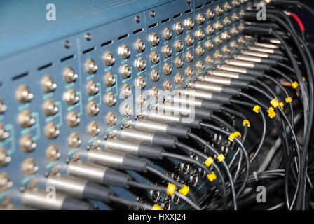 Mixing Sockets. Connections of a sound equipment proffesional xlr audio patch panel. Stock Photo