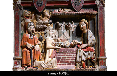 Gothic painted bas-relief of the Nativity by Master of Albesa, 14th century. Crypt of Sant Pere d'Àger (Noguera). MNAC inv no: 017342-000 Stock Photo